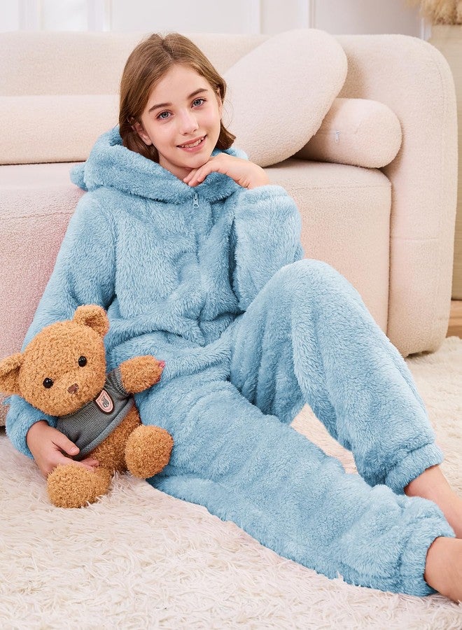 flygo بدلة صوفية للبنات من فلايغو، بدلة بغطاء رأس ناعمة، بدلة أطفال بسحاب، ملابس شتوية دافئة، مقاسات من 5 إلى 14 سنة (أزرق - متوسط) - Image 4